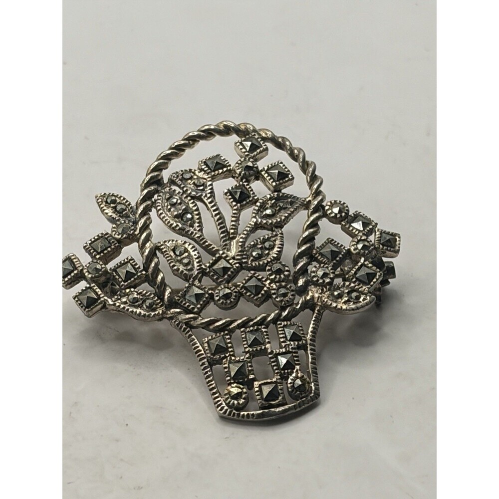 Vintage Sterling Marcasite Flower Basket Brooch, 925, 9.1 grams